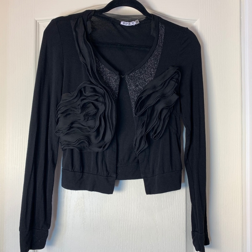Pepp Show Black‎ Cropped Ruffle Top Size 38 Hook Closure Shimmer Detail
